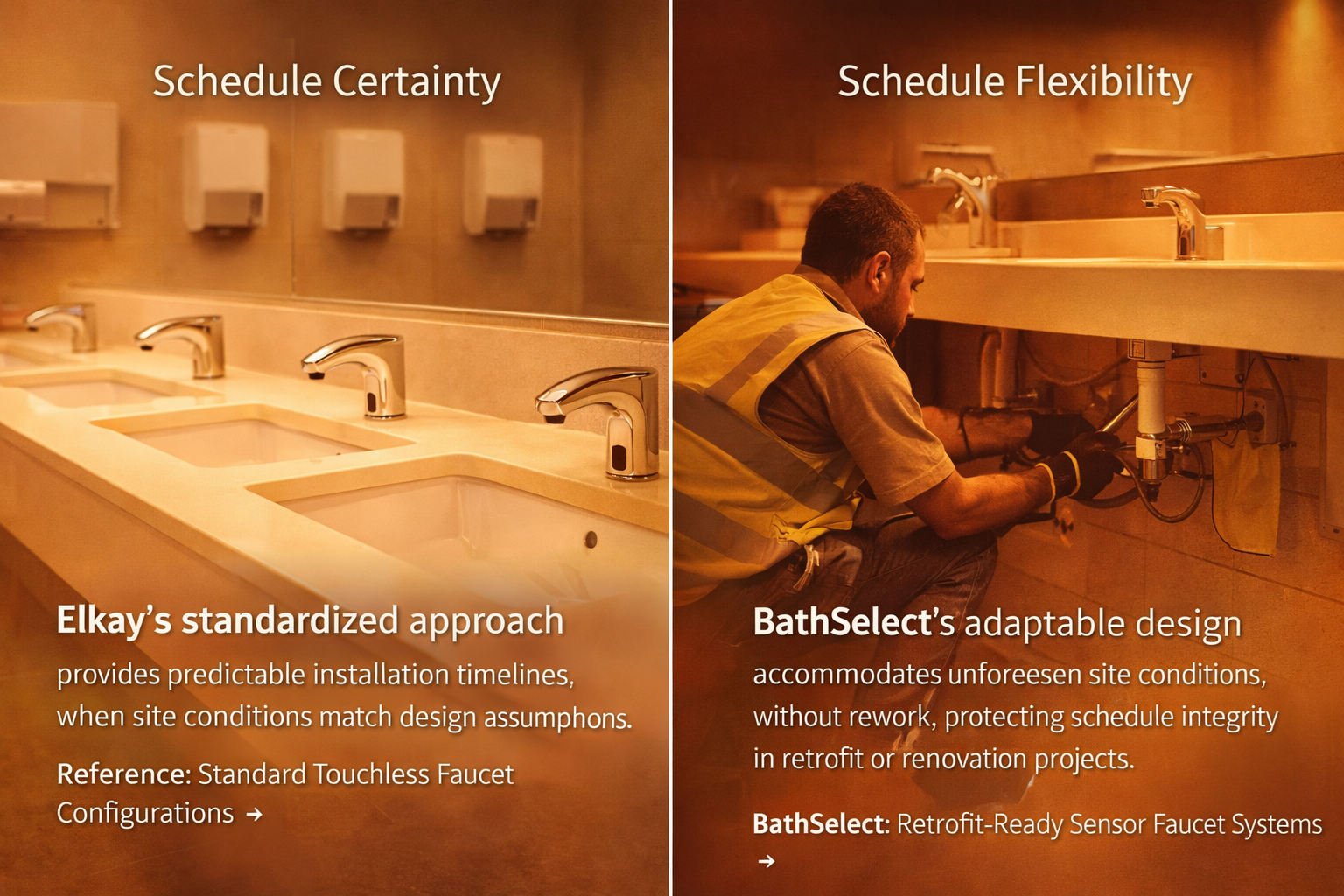Standardized commercial restroom installation with repetitive touchless faucet layouts